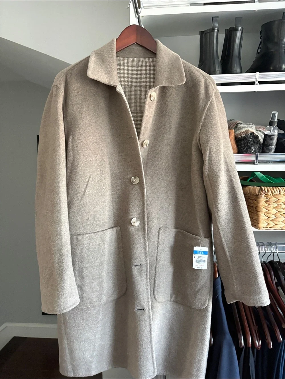 J. McLaughlin Cream and Beige Plaid Wool Coat
